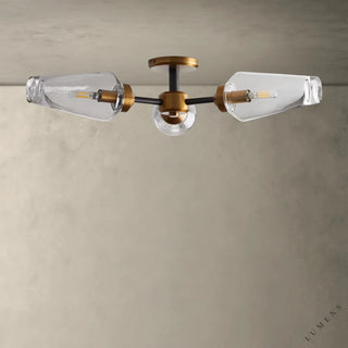 LUMENS LAMP Arrow 吸顶灯，采用黄铜饰面和透明玻璃灯罩，具有不对称的线性设计，适合现代家居照明。