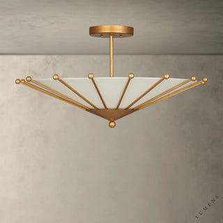 LUMENS LAMP Edita 吸顶灯，采用金色铁艺框架、米白色织物灯罩及球头装饰，呈现中世纪几何风格。