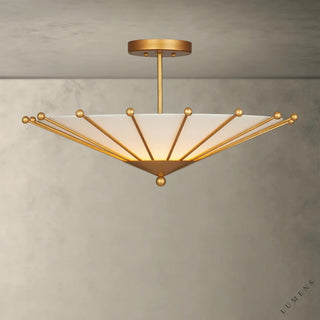LUMENS LAMP Edita 嵌入式吸顶灯，采用金色铁艺框架、米白色织物灯罩及球头装饰，呈现中世纪几何风格。
