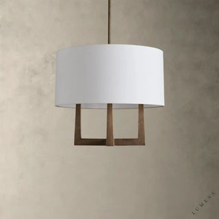 LUMENS LAMP Emmet 吊灯，采用古铜色铸造黄铜框架和白色亚麻灯罩，呈现现代交叉轮廓设计。