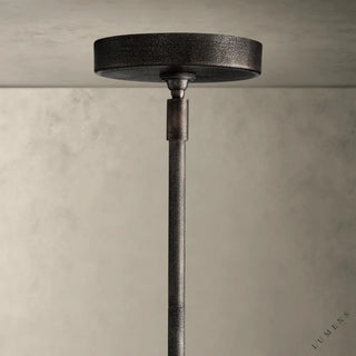 LUMENS LAMP Emmet 吊灯的深色纹理金属天花板吸顶盘和吊杆细节