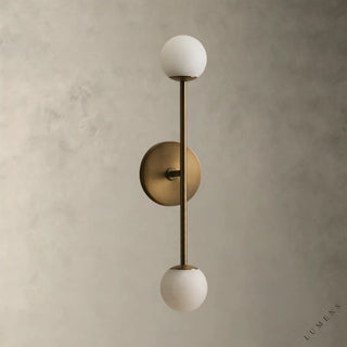 LUMENS LAMP Girouette 双头壁灯，配有古董黄铜背板和两个球形玻璃灯罩，适合浴室照明。