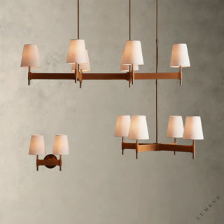 LUMENS LAMP Hastings 双头壁灯，采用古铜色黄铜底座、棕色皮革装饰和白色亚麻灯罩，设计优雅。