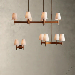 LUMENS LAMP Hastings 线性吊灯，采用古铜色黄铜底座、棕色皮革细节和白色亚麻灯罩，设计优雅。