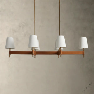LUMENS LAMP Hastings 线性吊灯，采用古铜色黄铜底座、棕褐色皮革装饰和白色亚麻灯罩，设计优雅。