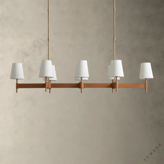 LUMENS LAMP Hastings 线性吊灯，采用古铜色黄铜底座、棕褐色皮革装饰和白色亚麻灯罩，设计优雅。