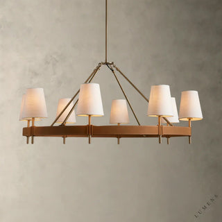 LUMENS LAMP Hastings 圆形吊灯，采用古铜色黄铜底座、棕褐色皮革细节和白色亚麻灯罩，设计优雅。