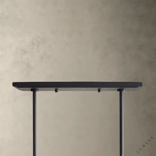 LUMENS LAMP Jacarra 线性吊灯的深青铜色顶篷和悬挂杆，展示了其极简主义的金属设计细节。