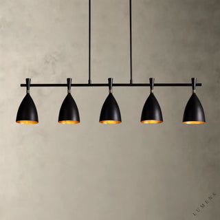 LUMENS LAMP Jacarra 线性吊灯，采用深青铜色金属外壳，灯罩内部饰有金色叶片设计，五灯头长条形现代风格设计。