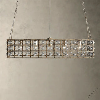 LUMENS LAMP La Cage 41英寸长方形吊灯，采用复古铁艺框架与意大利水晶球装饰，展现工业风与奢华感。