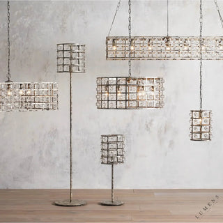 LUMENS LAMP La Cage 系列吊灯与台灯，采用复古铁艺框架与意大利水晶球装饰，呈现工业风与奢华感。