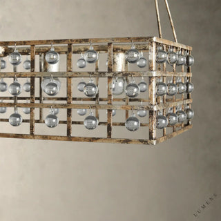 LUMENS LAMP La Cage 矩形吊灯，采用复古铁艺框架和做旧金属饰面，装饰有精致的意大利水晶球。
