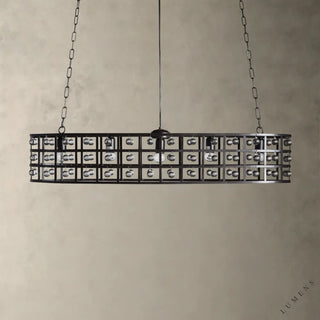 LUMENS LAMP La Cage 椭圆形吊灯，带有复古铁艺框架和装饰性玻璃水晶球，呈现工业与奢华风格。