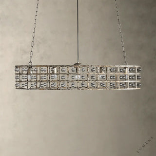LUMENS LAMP La Cage 椭圆形吊灯，带有复古铁艺框架和装饰性玻璃水晶球，呈现工业与奢华风格。