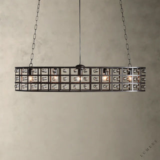 LUMENS LAMP La Cage 椭圆形吊灯，采用复古铁艺框架和装饰性玻璃水晶球，呈现工业风与现代奢华感。