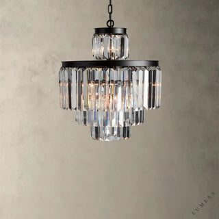 LUMENS LAMP Leyland 吊灯，采用法式装饰艺术风格，配有分层多面 K9 水晶棱镜和油擦青铜铁框架。