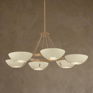 LUMENS LAMP Alturas 吊灯，采用复古黄铜环形结构，搭配六个柔和沙色碗状灯罩，呈现工业几何美学。