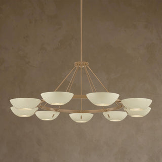 LUMENS LAMP Alturas 55英寸吊灯，采用古铜色黄铜环和柔和沙色碗状灯罩，呈现复古工业风格设计。
