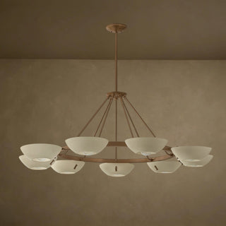 LUMENS LAMP Alturas 55英寸吊灯，采用复古风格黄铜圆环设计，配有九个柔沙色碗状灯罩，适合客厅装饰。