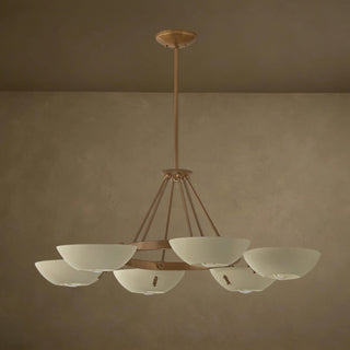 LUMENS LAMP Alturas 吊灯，采用复古黄铜色金属环和六个柔和沙色碗状灯罩，呈现工业风格对称设计。