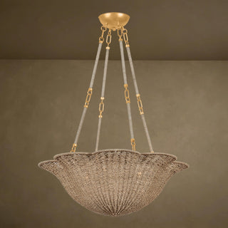 LUMENS LAMP Ardonia 吊灯，采用复古金叶框架和天然马尼拉麻纤维编织的花瓣状灯罩，设计优雅独特。