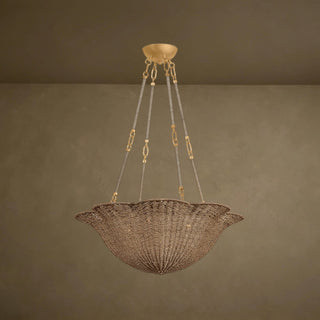 LUMENS LAMP Ardonia 28英寸吊灯，采用天然马尼拉麻纤维编织的扇形花瓣灯罩，搭配复古金箔框架和悬挂杆。