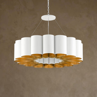 LUMENS LAMP Chauveau 吊灯，采用珍珠白锻铁波浪带设计，内部饰有现代金色叶片，营造温暖光感。