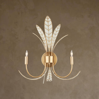 LUMENS LAMP Foliatura 壁灯，采用古铜色铁艺叶片与白色复合材料设计，呈现装饰艺术风格的双灯壁挂照明。