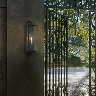 LUMENS LAMP Giatti 小型户外壁灯，采用午夜黑锻铁框架和透明种子玻璃，安装在室外墙壁上，散发温暖光芒。