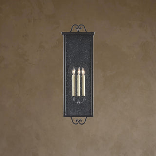 LUMENS LAMP Giatti 大型户外壁灯，午夜黑锻铁框架配有透明种子玻璃面板，内置三灯烛台设计。