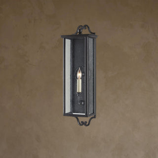 LUMENS LAMP Giatti 小型户外壁灯，采用午夜黑色锻铁饰面和透明种子玻璃面板，设计优雅耐用。