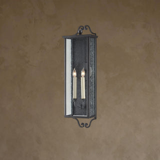 LUMENS LAMP Giatti 中号户外壁灯，午夜黑锻铁框架，配有透明种子玻璃面板和双烛台灯座