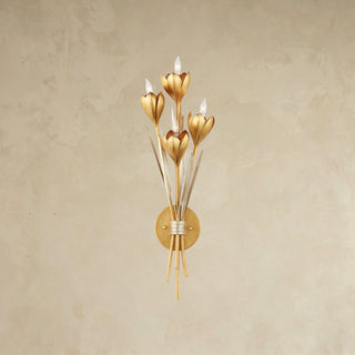 LUMENS LAMP Hortensia 壁灯，采用锻铁材质，饰有现代金箔和银箔花朵造型，四灯设计，优雅花卉风格。