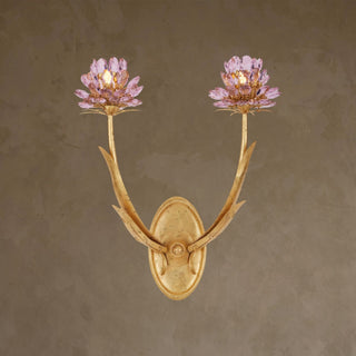 LUMENS LAMP Marilee 双灯壁灯，采用荷兰金箔锻铁饰面，配有粉色水晶花朵装饰，设计优雅奢华。