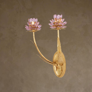 LUMENS LAMP Marilee 双灯壁灯，采用荷兰金箔锻铁饰面，配有粉色水晶花朵装饰，设计优雅奢华。