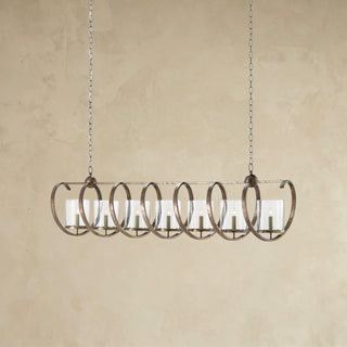 LUMENS LAMP Maximus Grande 吊灯，采用 Pyrite 青铜色锻铁螺旋框架和七个透明玻璃灯罩，设计优雅独特。