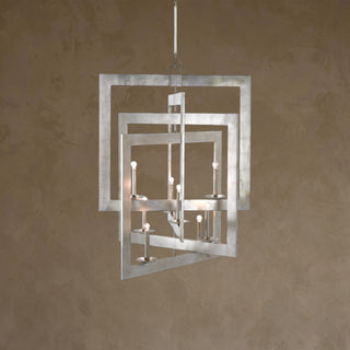 LUMENS LAMP Middleton Grande 吊灯，采用当代银箔饰面锻铁制成，具有独特的互锁方形设计和八个灯头。