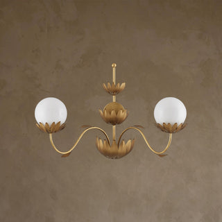 LUMENS LAMP Mirasole 金色壁灯，带有两个乳白色玻璃球灯罩和精致的锻铁叶片装饰，呈现复古风格。