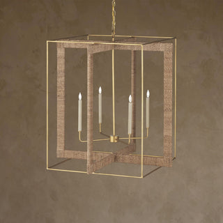 LUMENS LAMP Purebred 大型灯笼吊灯，采用现代金色金属框架和手工缠绕的 Abaca 麻绳装饰，四灯设计。