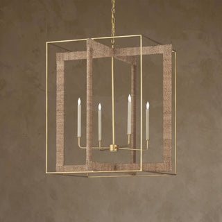 LUMENS LAMP Purebred 大型灯笼吊灯，采用金色金属框架与手工缠绕的马尼拉麻绳设计，呈现现代风格。