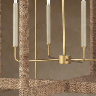 LUMENS LAMP Purebred 大型吊灯，采用现代金色叶片饰面金属框架，并手工缠绕天然马尼拉麻绳，呈现精致的盒状设计。