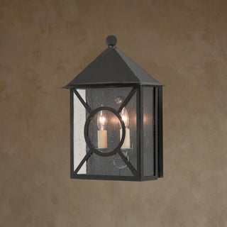 LUMENS LAMP Ripley 中型户外壁灯，采用午夜黑色锻铁饰面和透明种子玻璃面板，经典灯笼造型设计