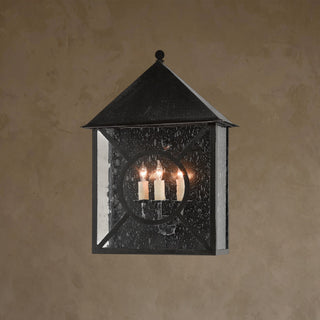 LUMENS LAMP Ripley 大型户外壁灯，午夜黑色锻铁框架，配有透明种子玻璃面板和三灯设计