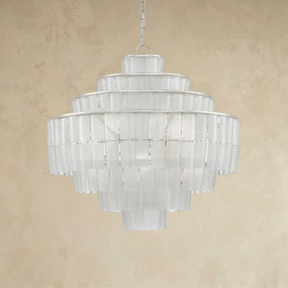 LUMENS LAMP Sommelier 白色吊灯，采用再生玻璃和银箔锻铁制成，具有多层阶梯式设计和现代风格。