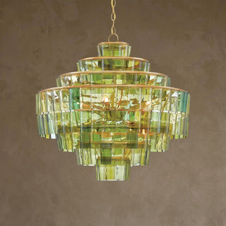 LUMENS LAMP Sommelier 吊灯，采用回收绿色玻璃瓶和深色现代金箔锻铁制成，呈现多层阶梯式设计。