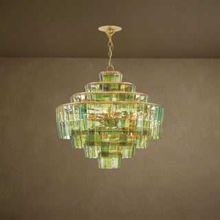 LUMENS LAMP Sommelier 吊灯，采用回收绿色玻璃瓶和深色现代金箔锻铁制成，呈现多层阶梯式设计。