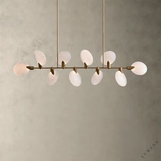 LUMENS LAMP Lyla 线性吊灯，采用黄铜支架和手工吹制半透明玻璃花瓣状灯罩，设计优雅且具有现代感。