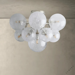 LUMENS LAMP Mandoza 嵌入式吸顶灯，带有多个手工吹制气泡玻璃球和金属底座，呈现工业与乡村风格。