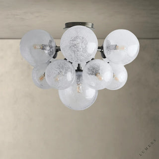 LUMENS LAMP Mandoza 嵌入式吸顶灯，配有多个手工吹制气泡玻璃球和工业风格金属底座