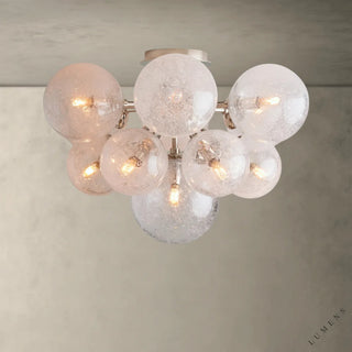 LUMENS LAMP Mandoza 嵌入式吸顶灯，带有多个手工吹制气泡玻璃球和金属底座，呈现工业与乡村风格。